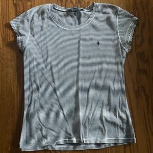 Ralph Lauren sport striped T Shirt Women's Large Blue Fitted Crew Top Logo